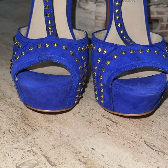 STEVEN Steve Madden ASTRRO Blue Gold Studded Leather Suede Stiletto heel Sz 8.5 - Picture 3 of 17